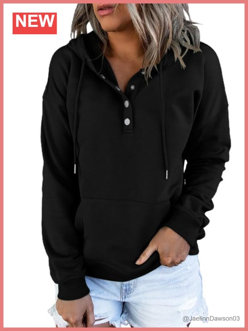 Women's Oversized Drawstring Hoodie Button Front Kangaroo Pocket Sweatshirt